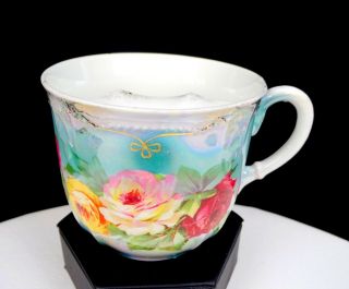 German Antique Porcelain Multi - Color Roses Luster Ware 3 1/4 " Mustache Cup 1860 -