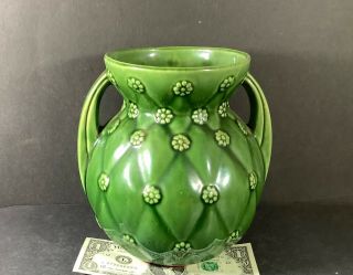 Shawnee Vase 827 Green Ohio Art Pottery Quilted Rosettes Floral 40’s - 50’s Vg