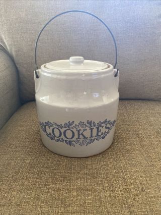 Monmouth Illinois Pottery Crock Cookie Jar Maple Leaf Grey Blue W/ Handle Glazed