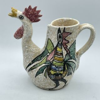 Vintage Signed Pablo Sanguino Art Pottery Rooster Chicken Pitcher Toledo Spain
