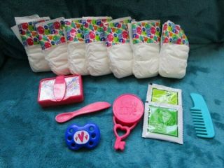 Baby Alive Hungry Happy 7 Diapers,  Food Packets Spoon Pacifier Rattle Wipes Euc