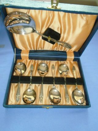 Vintage Cutlery Cased Silver Plated Set Fruit Spoons & Serving Spoon Deco Style
