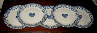 5 Folk Craft Hearts Blue Sponge Stoneware Tienshan 10¼ " Dinner Plates Oven - Table