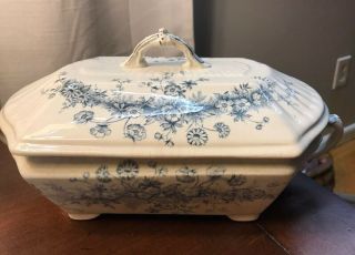Antique W&t Adams Parisian Granite Tureen Dish With Lid Blue White England Made