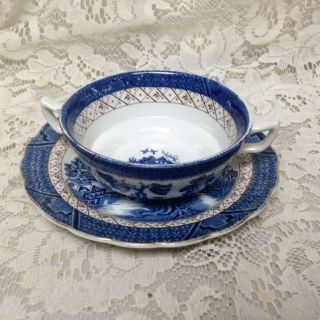 Vintage,  Booths Real Old Willow A8025 England 2pc Blue Willow Boullion Cup Set B
