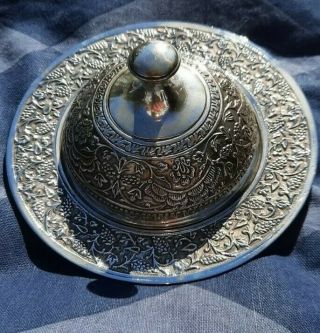 Antique Small White Metal Serving Dish With Cloche Lid Grapevine Pattern.