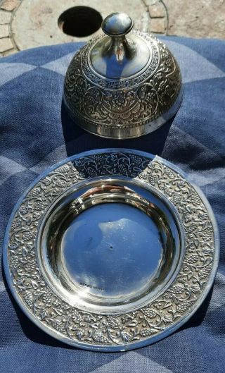 Antique Small White Metal Serving Dish with Cloche lid Grapevine Pattern. 2