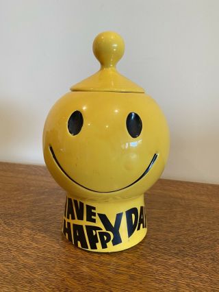 Vintage Mccoy Smiley Face Cookie Jar Usa Pottery Have A Happy Day