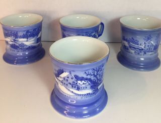 Currier And Ives 4 Blue Mugs Deep Coffee Soup Winter 3.  75 Inches Wide And Tall