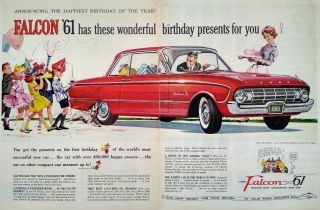 1961 Ford Falcon Car Art Red Large Vintage Print Ad