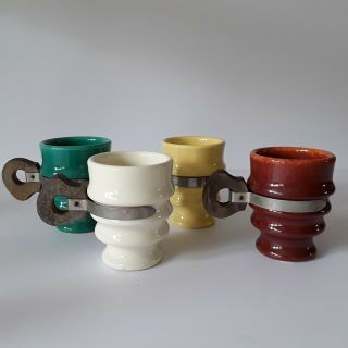 Htf Vintage California Pottery Metlox Four Wood Handled Tumblers Nr