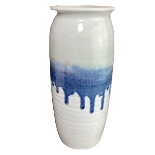 Bruning Pottery Stoneware Vase Blue White Drip Glaze Hand Crafted Studio Art