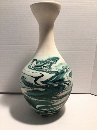 Nemadji Indian River Art Pottery Vase Mission Swirl Green Ivory - Large 12” Vase