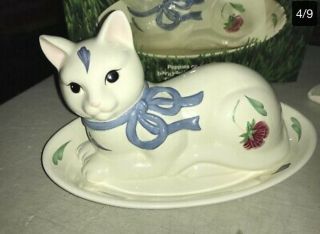 Lenox Butter Dish Poppies On Blue Plate & Cover.  Cat,  Blue Rib Flowers Barnyard