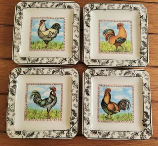 Set Of 4 I Galletti Ceramic Rooster/chicken Square Salad Plates Made In Italy