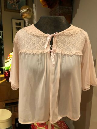 Vintage Bed Jacket Pink Nylon And Lace Venus Form Size Medium (p)