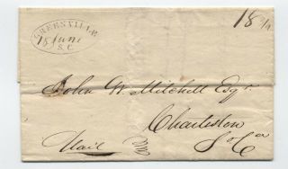 1832 Greenville Sc Oval Handstamp Stampless Folded Letter Charleston [5246.  499]