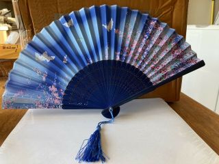Vintage Chinese Silk Bamboo Folding Fan Hand Held Flower