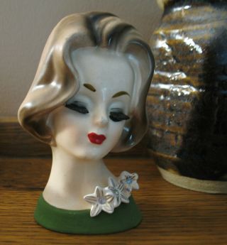 Vintage Lady Head Vase Napco C6430 Green 4.  5 " A Beauty,  Rare Htf