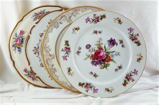 4 Vintage Mismatched Fine China Porcelain Dinner Plates Floral Gold Seyei 229