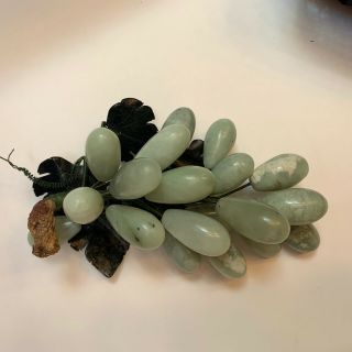 Vintage Stone Jade Green Grapes Cluster With Carved Leaves Mid Century