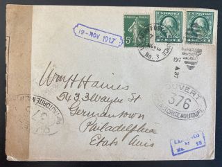 1917 Us Army Post Office In France Wwi Censored Cover To Philadelphia Pa Usa