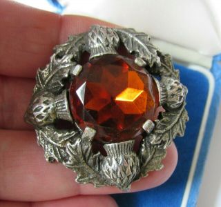 Vintage Signed Miracle Jewellery Scottish Celtic Citrine Thistle Brooch Pin