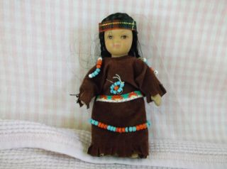 Tiny Vintage 4” Bisque Porcelain Indian Doll,  Jointed Arms & Legs