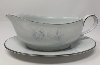 Noritake Virtue Gravy Boat & Oval Plate Embossed Blue Rose Fine China Japan Euc
