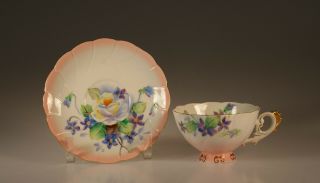 Takiro Handpainted Pink White Roses And Forget - Me - Knots Cup And Saucer,  Japan
