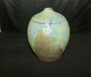 Vintage Signed Studio Pottery Weed Pot Vase Blue Sheen