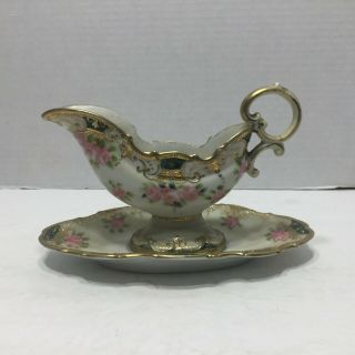 Vintage Nippon Gravy Boat With Underplate Hand Painted Gold Moriage
