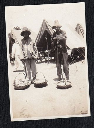 Vintage Antique Photograph Men In Hats Standing By Tents W/ Baskets