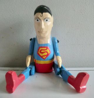 Vintage Hand Crafted & Painted Superman Hinged Wooden Doll Shelf Sitter