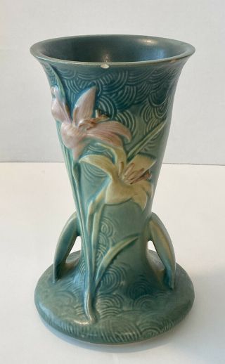 Vintage Art Deco Roseville Pottery 9.  5”zephyr Lily Vase In Blue - Green No.  136 - 9