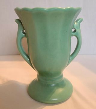 Vintage 7 Inch Double Handle Green Art Pottery Pedestal Vase - Unmarked