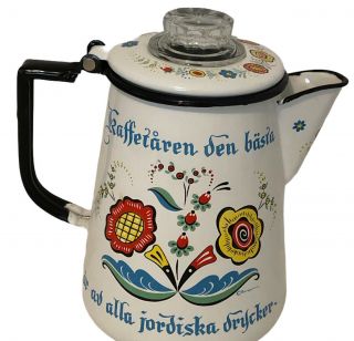 Berggren Swedish Enamel Coffee Pot Percolator Folk Art 8 Cup Script Wraparound