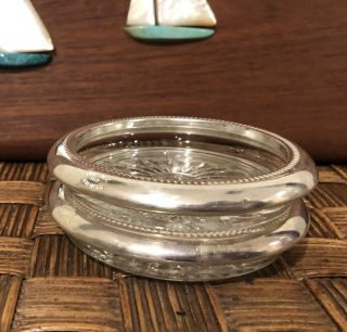 Vintage Leonard Crystal Glass Coasters With Silver Plate Rim - Made In Italy