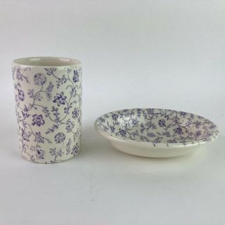 Crabtree & Evelyn Set Purple Oval Floral Soap Dish And Tooth Brush Holder Masons