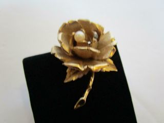 Vintage Marcel Boucher Gold Tone Pearl Rose Flower Brooch Pin No.  8371p