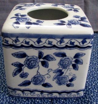 Blue And White Floral Ceramic Square Tissue Box Holder - Vintage - 5 " X 5 "