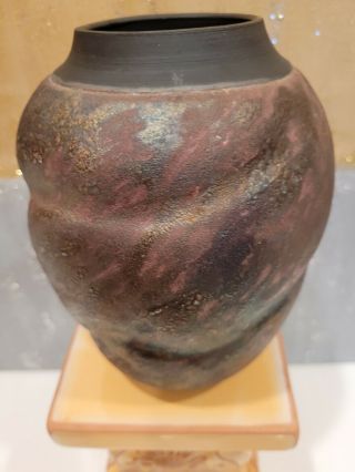 Studio Art Pottery Raku Fired Round Vase By Gena Van Dyke.  Nc