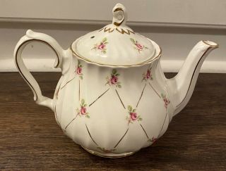 Vintage Sadler Teapot England Swirl Pattern Pink Roses Gold Trim