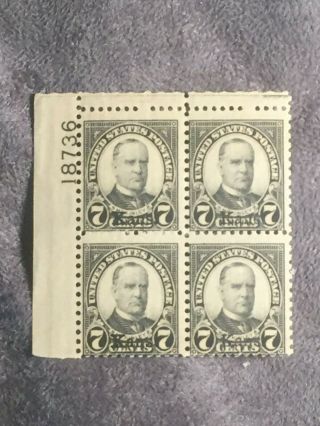 Scott Us 665 1929 7c " Kans.  " Overprint Plate Block Of 4 Stamps Mnh