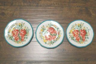 Pioneer Woman Vintage Floral Set Of 3 8 1/2 " Salad Plates Red Flowers Teal Trim