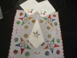 4 Vintage O.  E.  S Eastern Star Tatted,  Embroidered & Print Hankies