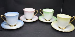 Royal Albert Rainbow Smooth Tea Cups & Saucers Set Of 4 Pink Yellow Green Blue