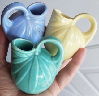 3 Vintage Shawnee Pottery Miniature Pitcher Vases Flower Petal Ball Aqua Blu Ylw
