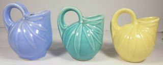 3 Vintage Shawnee Pottery Miniature Pitcher Vases Flower Petal Ball Aqua Blu Ylw 2