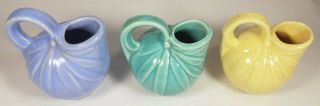 3 Vintage Shawnee Pottery Miniature Pitcher Vases Flower Petal Ball Aqua Blu Ylw 3